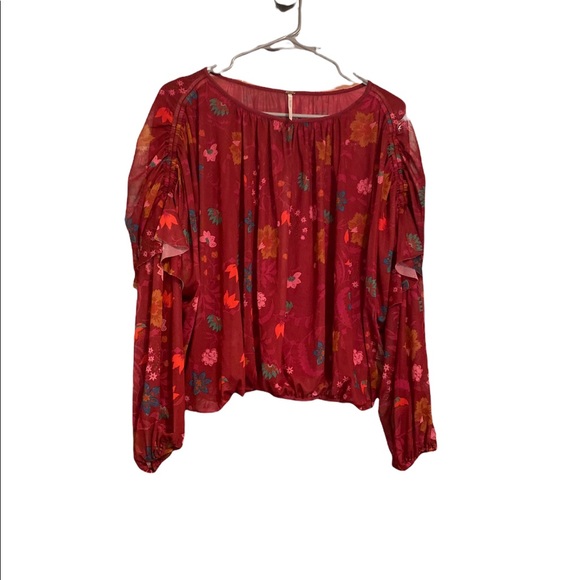 FREE PEOPLE WILDFLOWER HONEY FLORAL LONG SLEEVE MESH TOP BERRY COMB - Picture 5 of 7